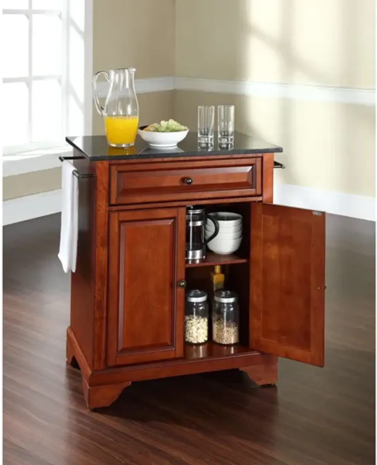 Lafayette Solid Black Granite Top Portable Kitchen Island in Classic Cherry