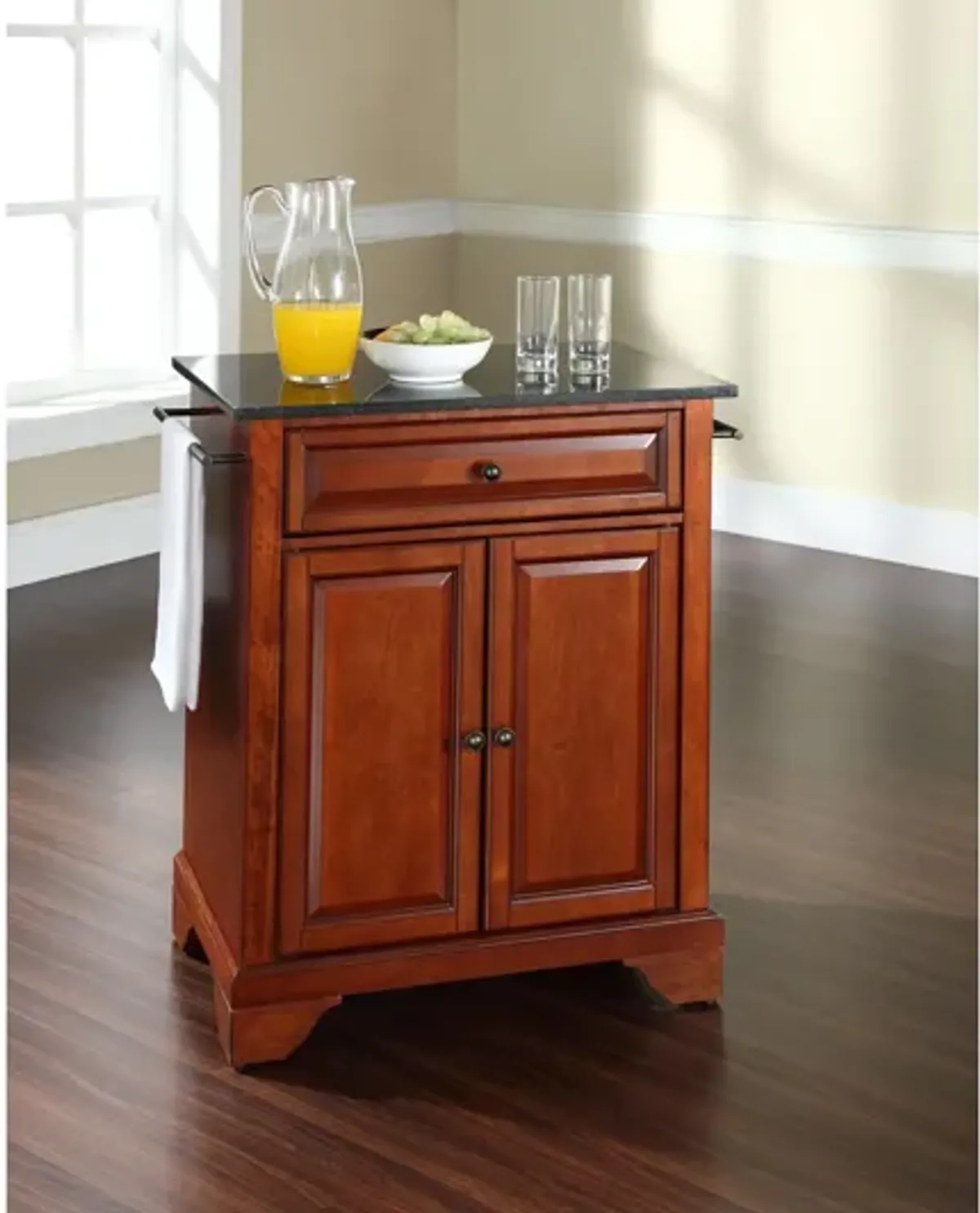 Lafayette Solid Black Granite Top Portable Kitchen Island in Classic Cherry