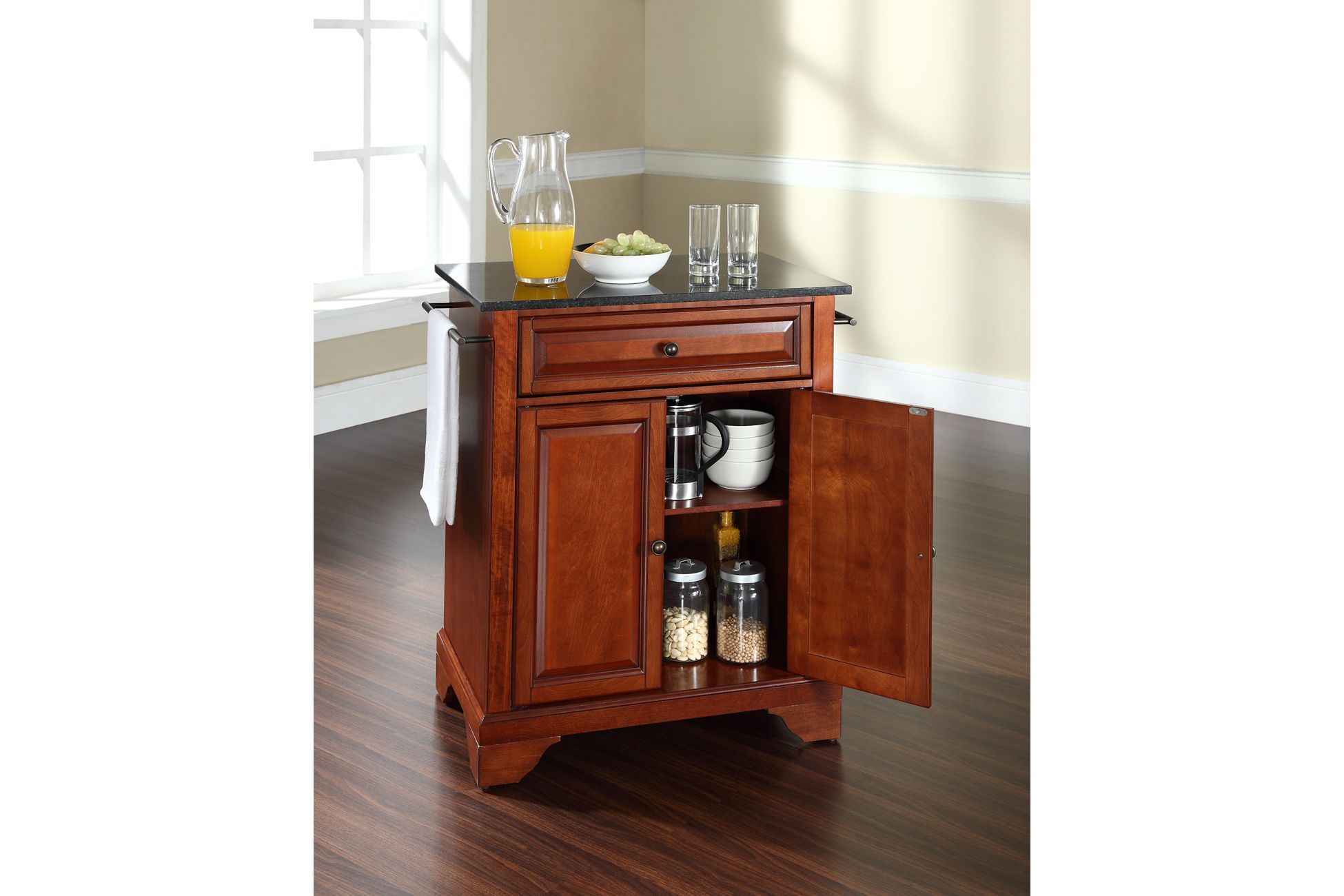 Lafayette Solid Black Granite Top Portable Kitchen Island in Classic Cherry