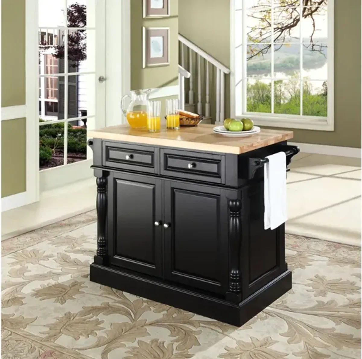 Oxford Butcher Block Top Kitchen Island in Black