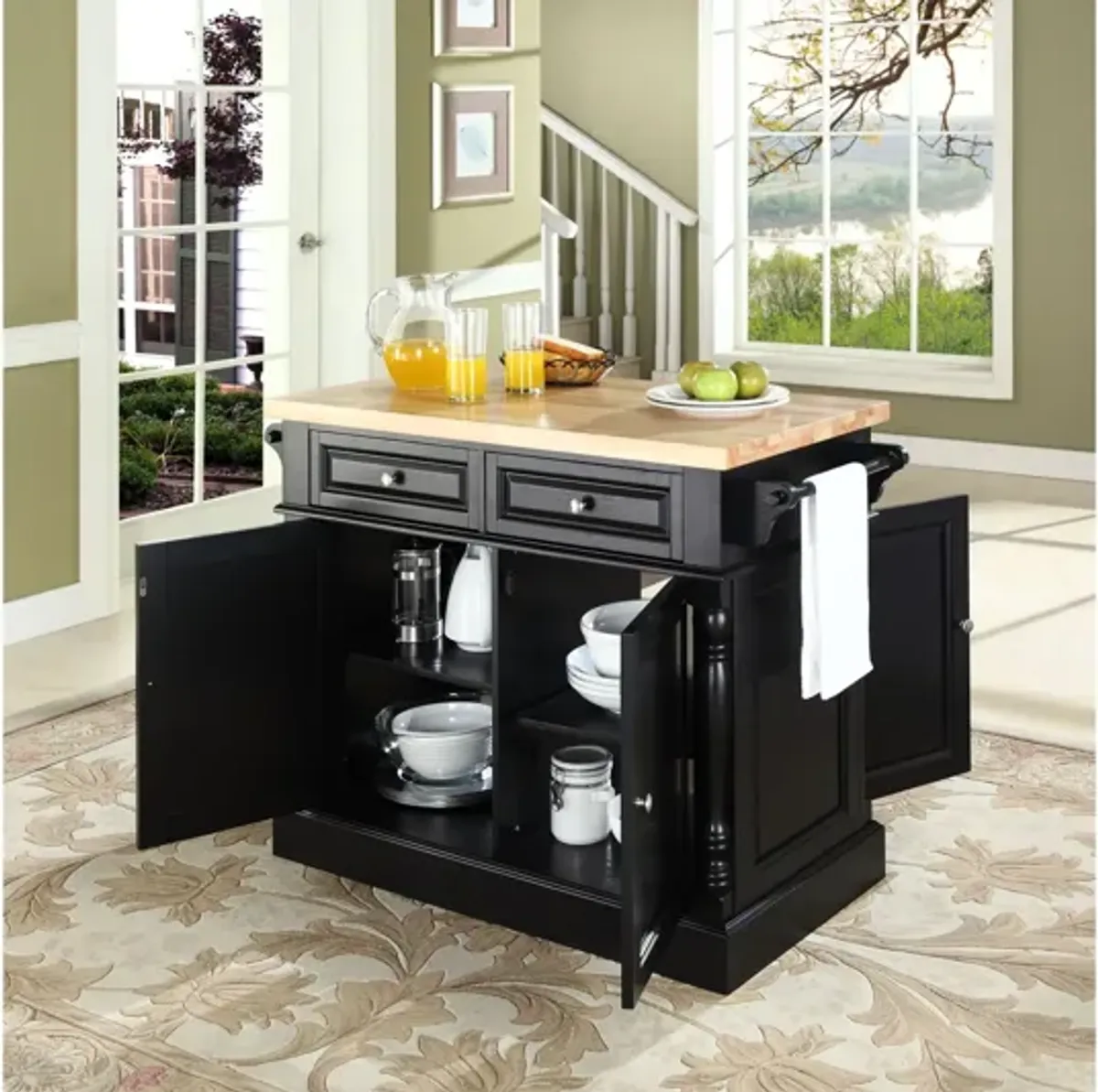 Oxford Butcher Block Top Kitchen Island in Black