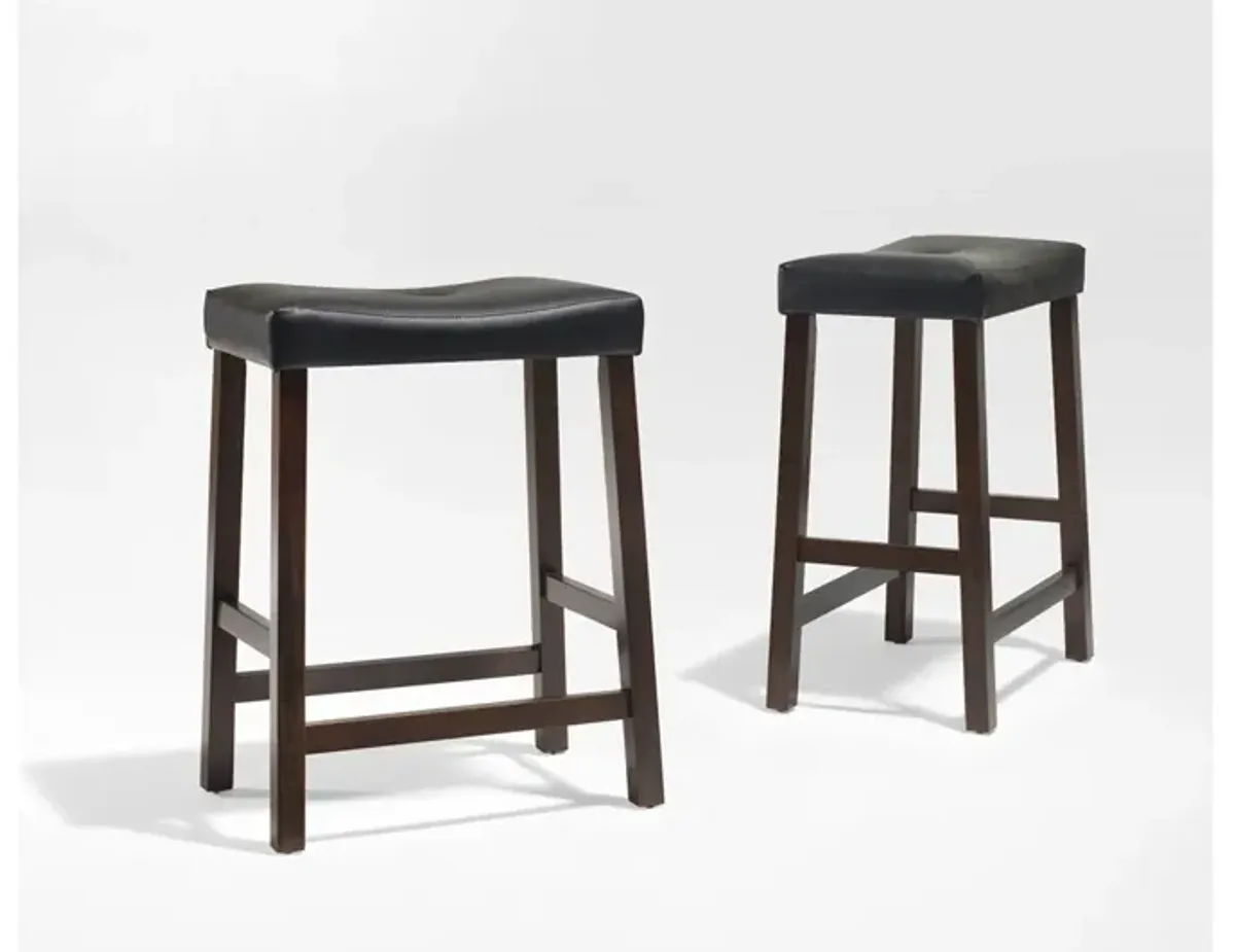 Upholstered Saddle Seat Bar Stool in Vintage Mahogany, Set of 2