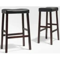 Upholstered Saddle Seat Bar Stool in Mahogany with 29 Inch Seat Height Set of Two