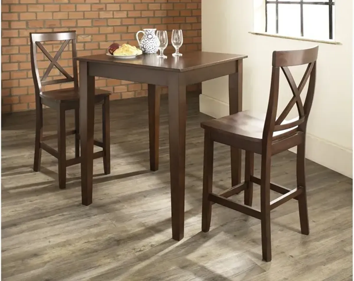 3 Piece Pub Dining Set with X-Back Stools in Vintage Mahogany