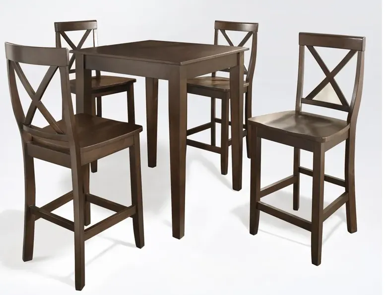 5 Piece Pub Dining Set with X-Back Stools in Vintage Mahogany