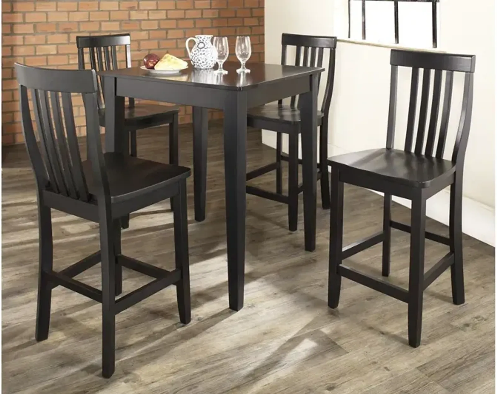 5 Piece Pub Dining Set with School House Stools in Black