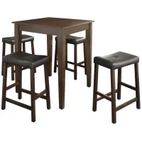5 Piece Pub Dining Set with Upholstered Saddle Stools in Vintage Mahogany