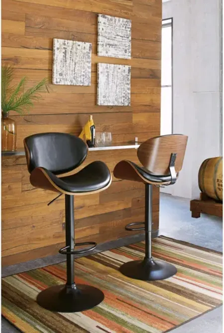 Bellatier Black/Brown Faux Leather and Walnut Adjustable Swivel Barstool by Ashley