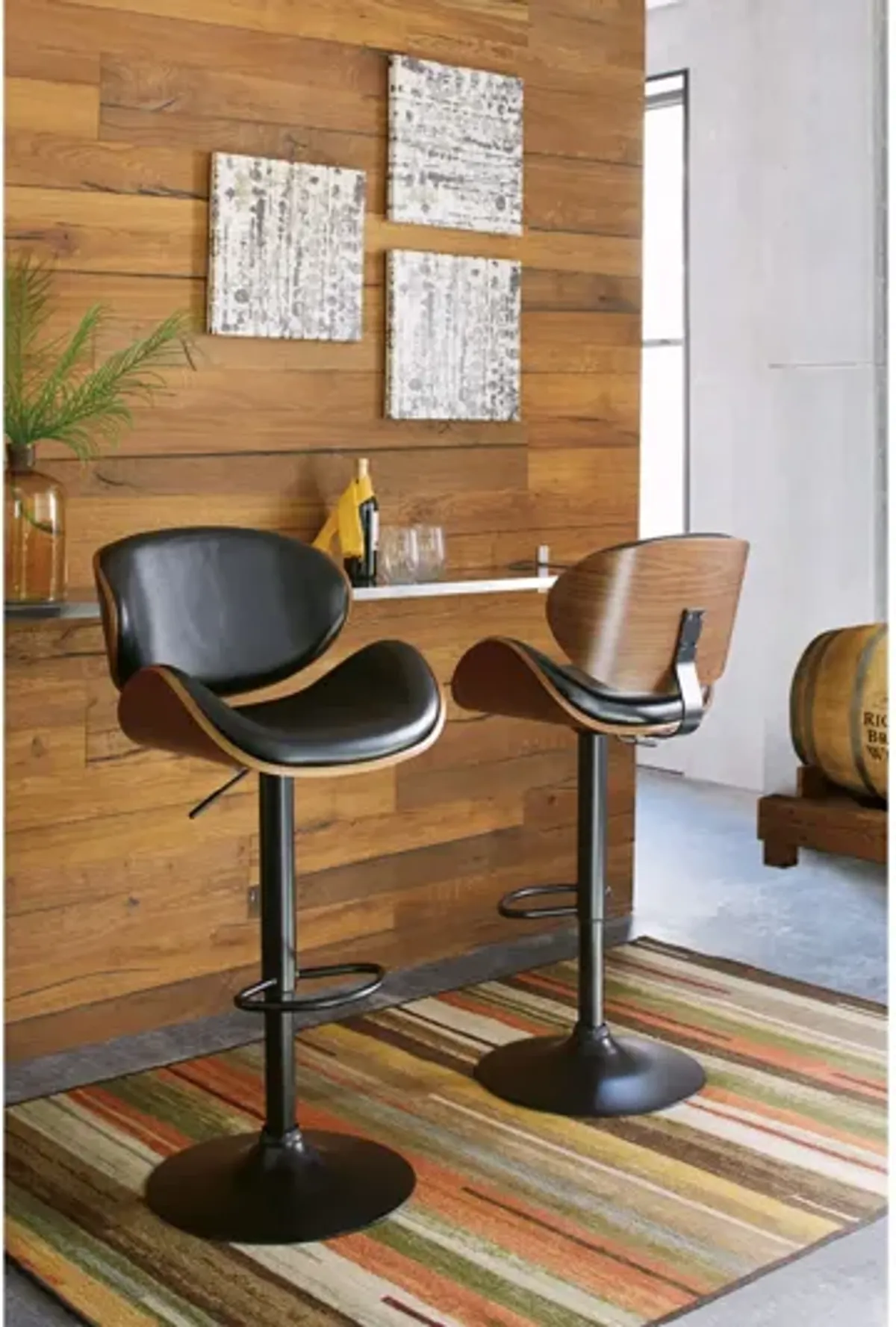 Bellatier Black/Brown Faux Leather and Walnut Adjustable Swivel Barstool by Ashley