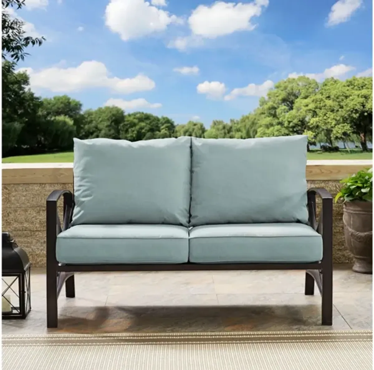 Kaplan Loveseat in Oiled Bronze with Mist Cushions