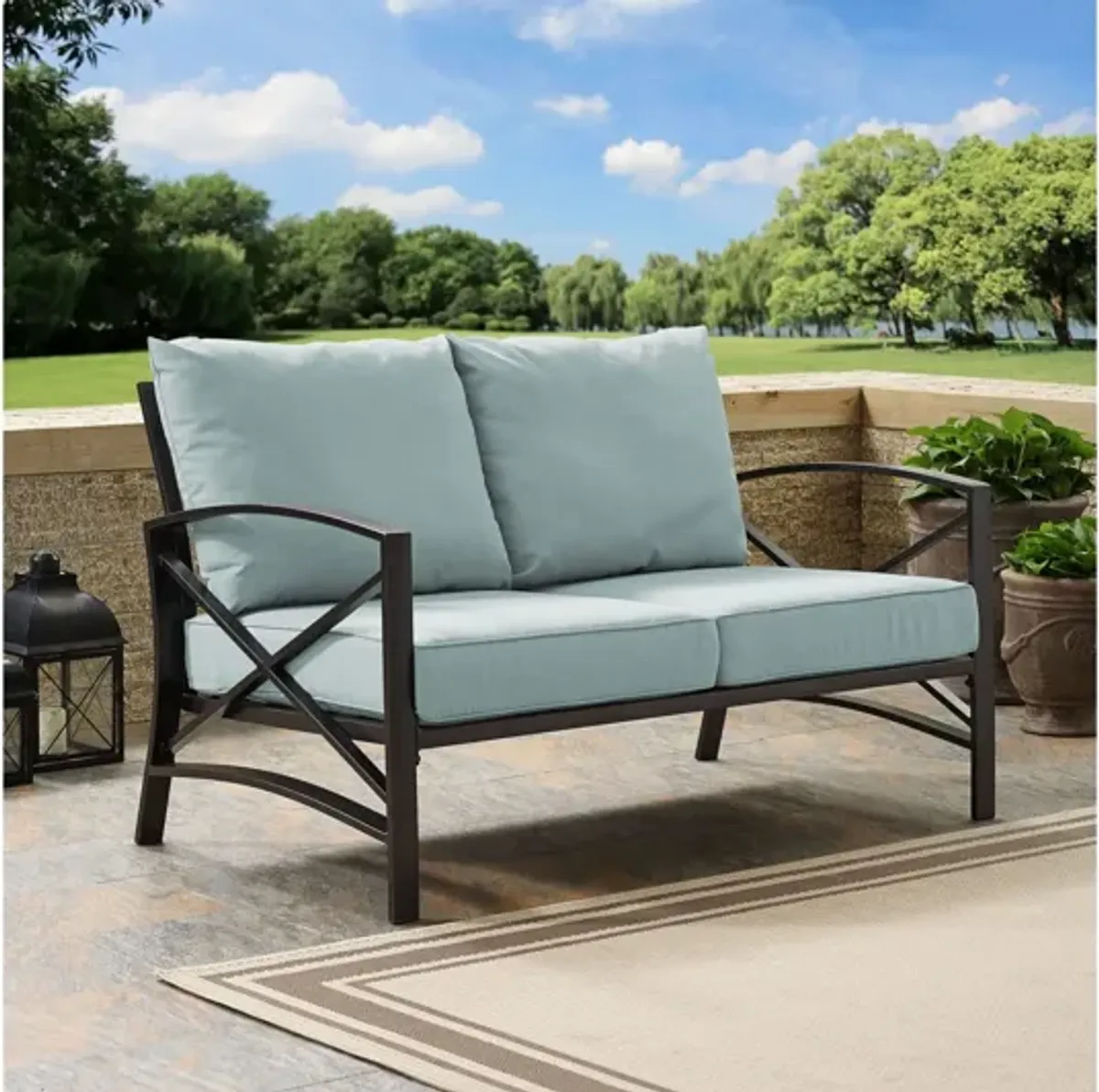 Kaplan Loveseat in Oiled Bronze with Mist Cushions