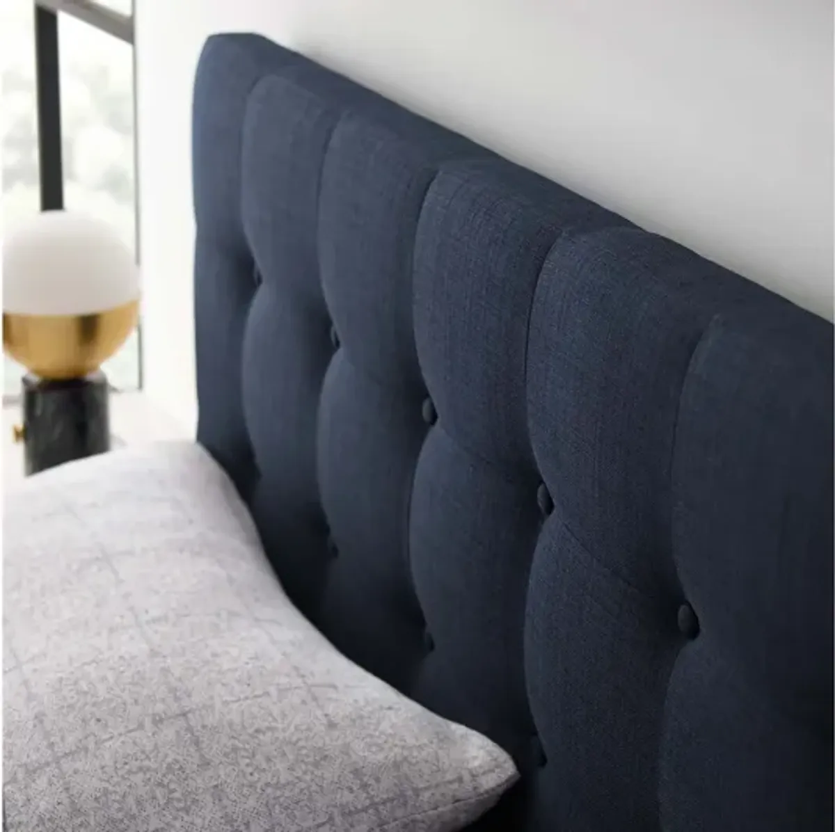 Emily King Upholstered Fabric Headboard in Navy