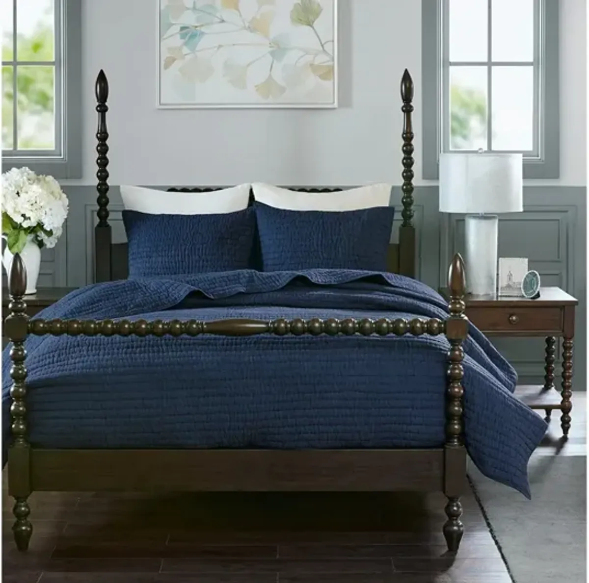 Serene Cotton Hand Quilted Blue Full/Queen Coverlet Set