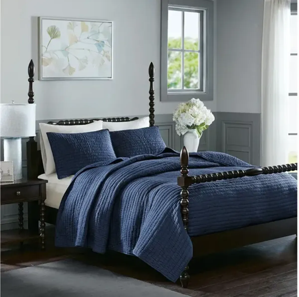 Serene Cotton Hand Quilted Blue Full/Queen Coverlet Set