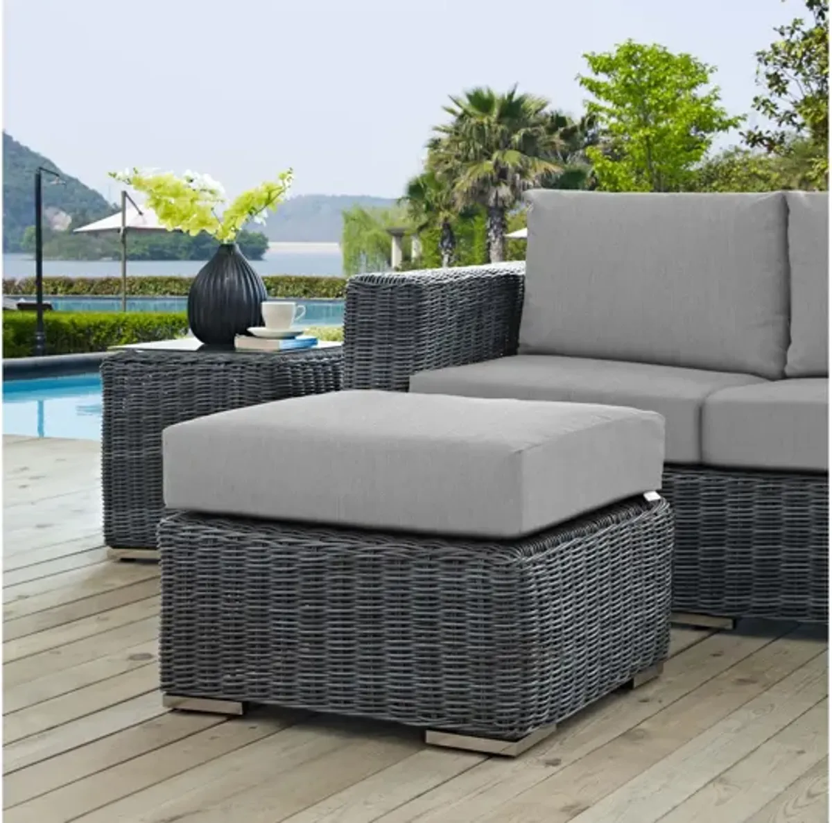 Summon Outdoor Patio Wicker Rattan Sunbrella Ottoman in Grey