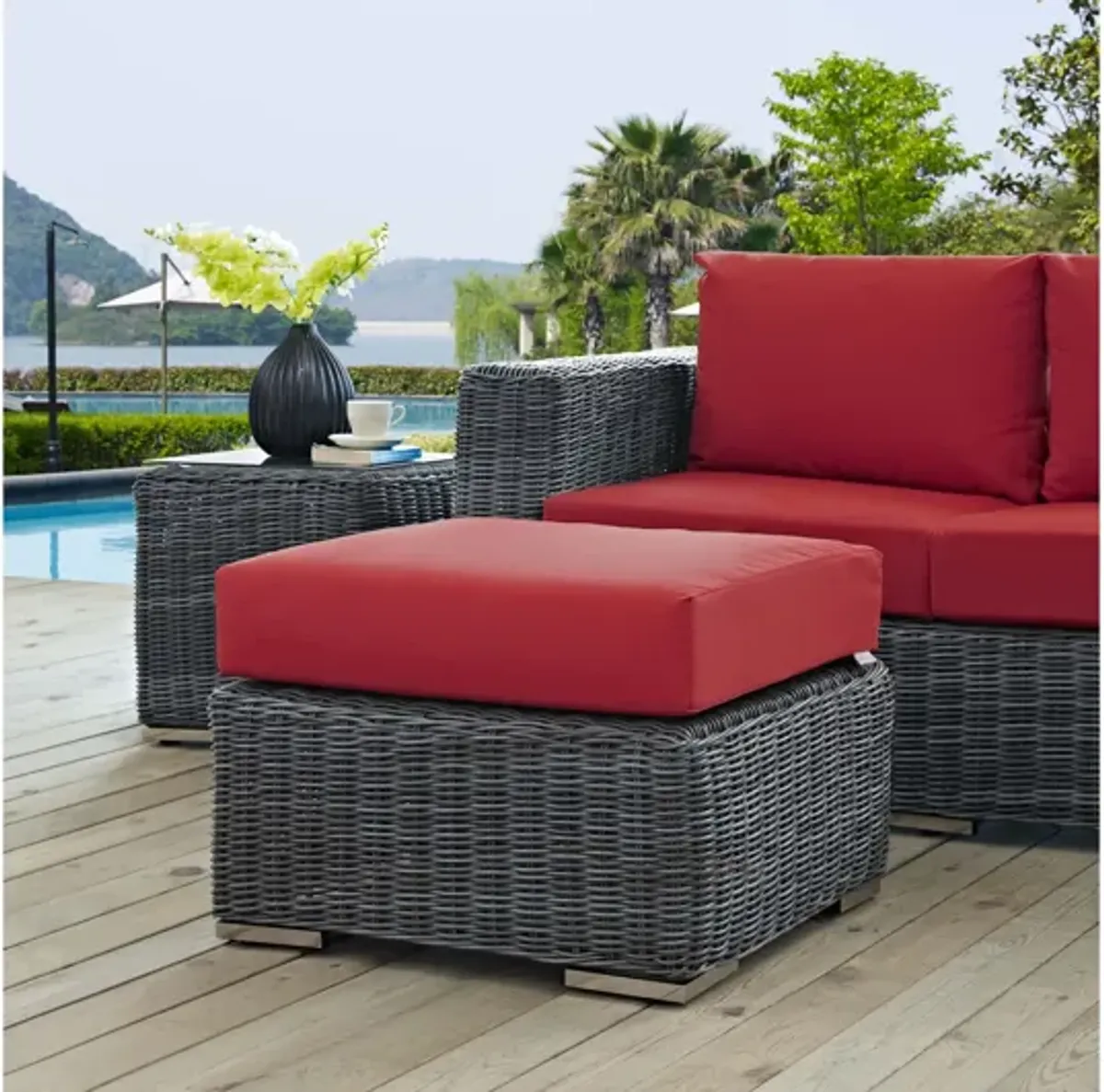 Summon Outdoor Patio Wicker Rattan Sunbrella Ottoman in Red