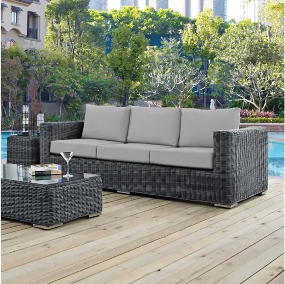 Summon Outdoor Patio Wicker Rattan Sunbrella Sofa in Grey