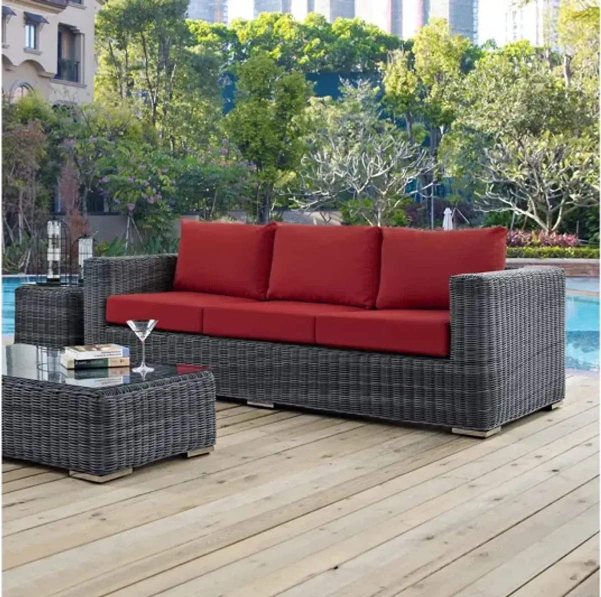 Summon Outdoor Patio Wicker Rattan Sunbrella Sofa in Red