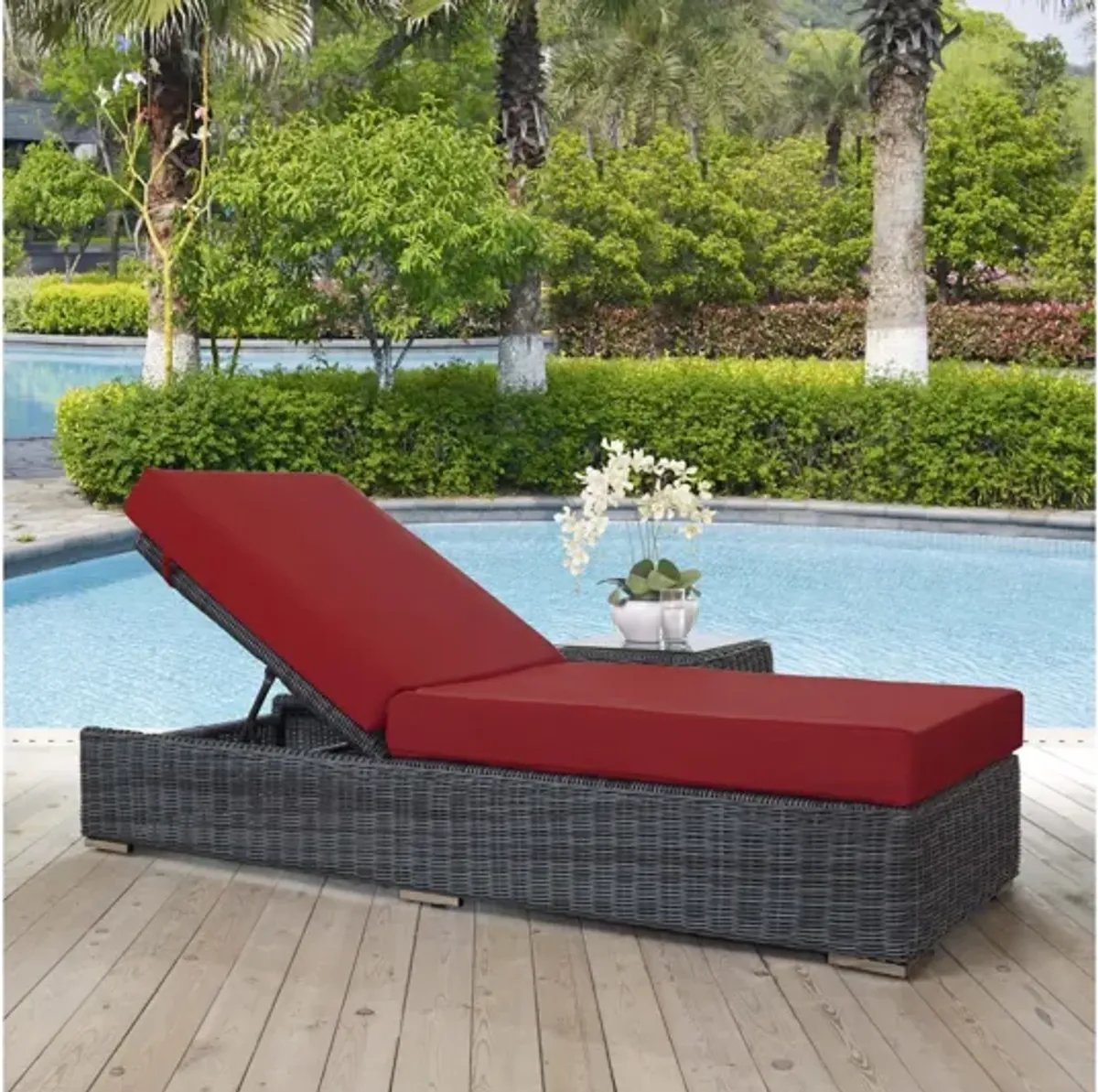 Summon Outdoor Patio Wicker Rattan Sunbrella Chaise Lounge in Red