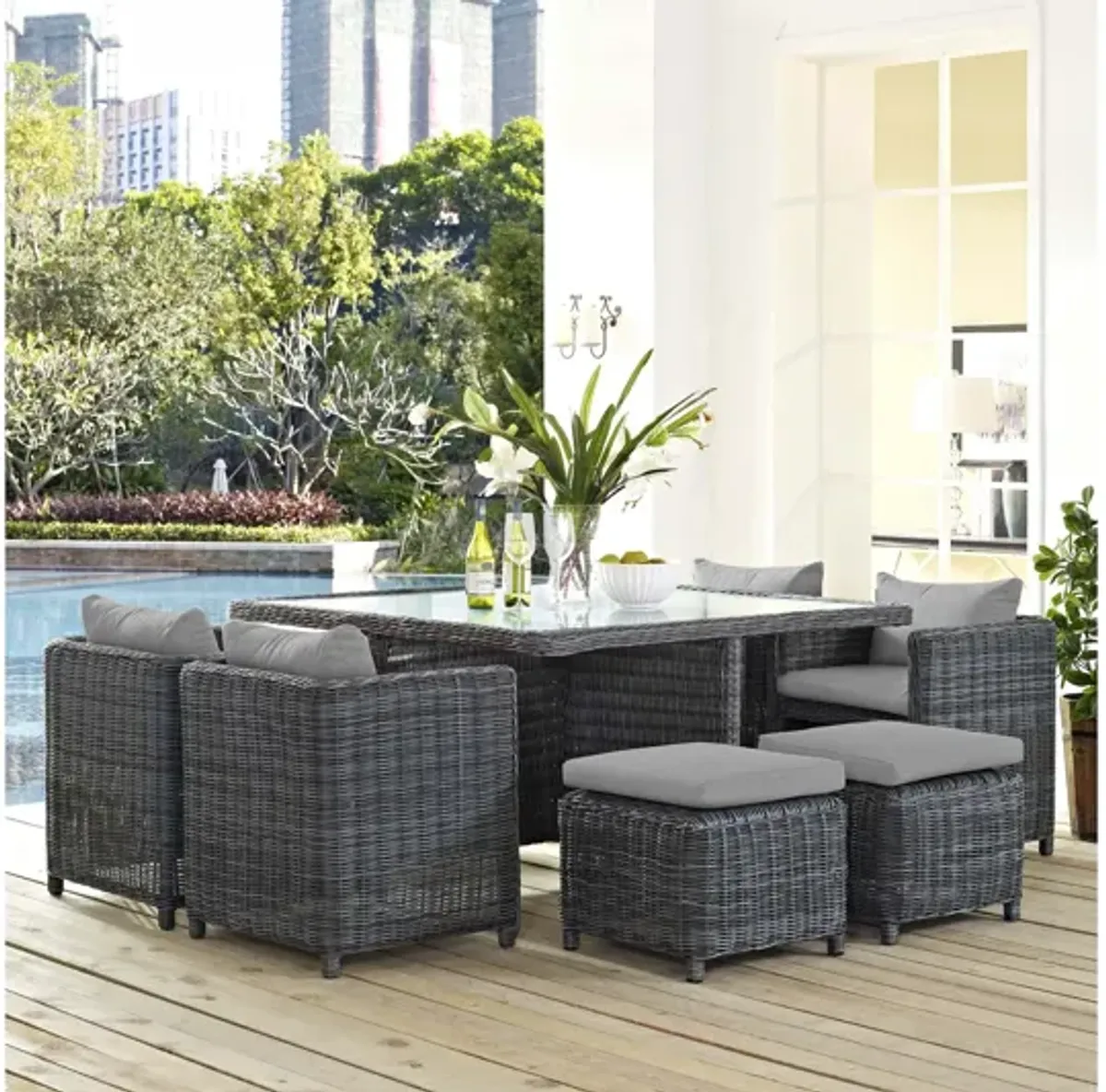 Summon 9 Piece Outdoor Patio Wicker Rattan Sunbrella Dining Set in Grey