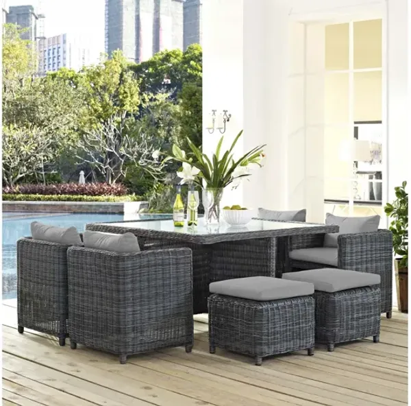 Summon 9 Piece Outdoor Patio Wicker Rattan Sunbrella Dining Set in Grey