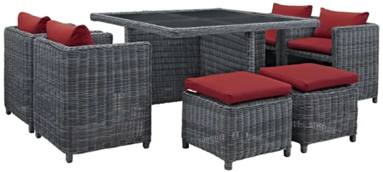 Summon 9 Piece Outdoor Patio Wicker Rattan Sunbrella Dining Set in Red