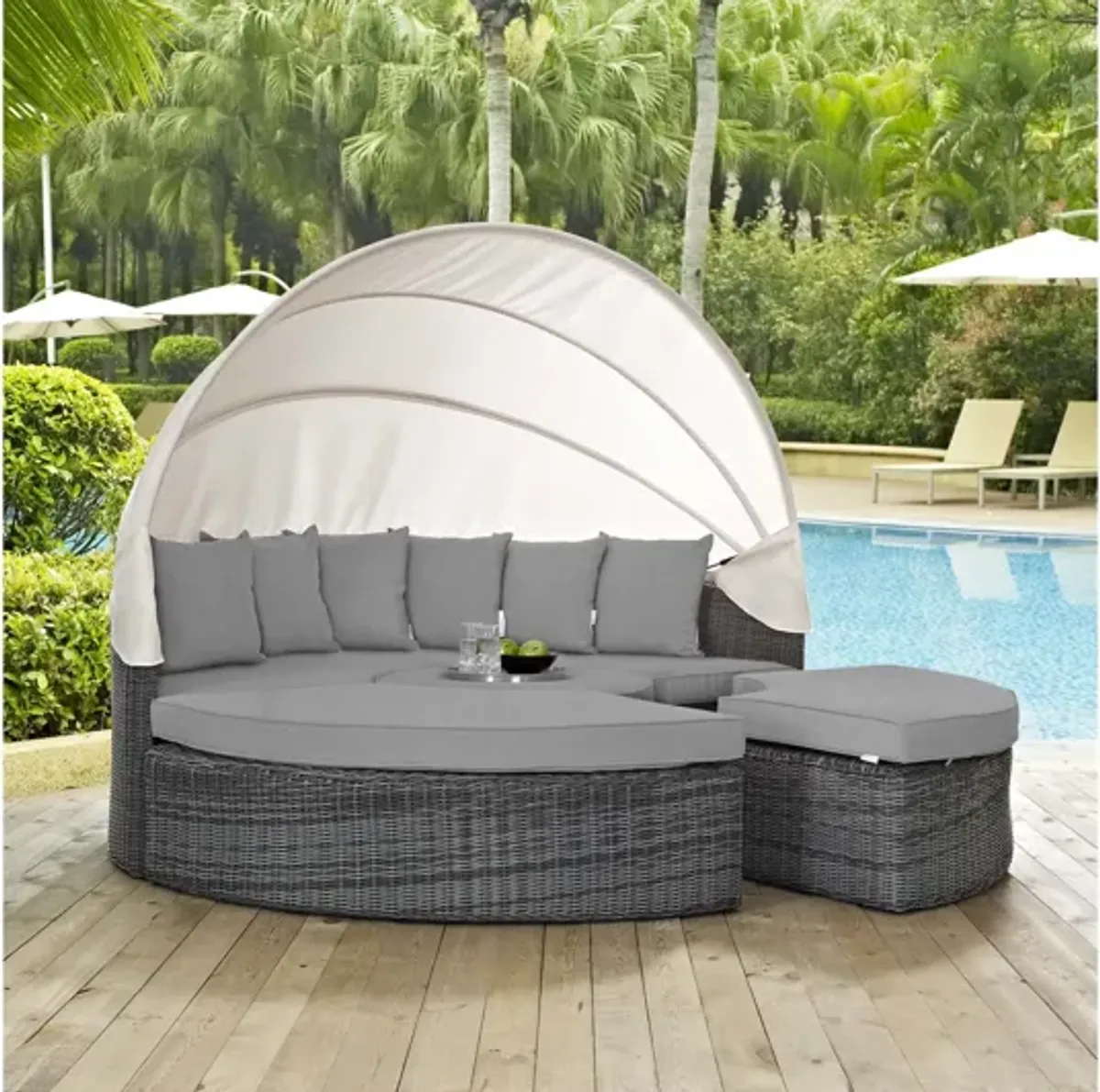 Summon Canopy Outdoor Patio Wicker Rattan Sunbrella Daybed in Grey