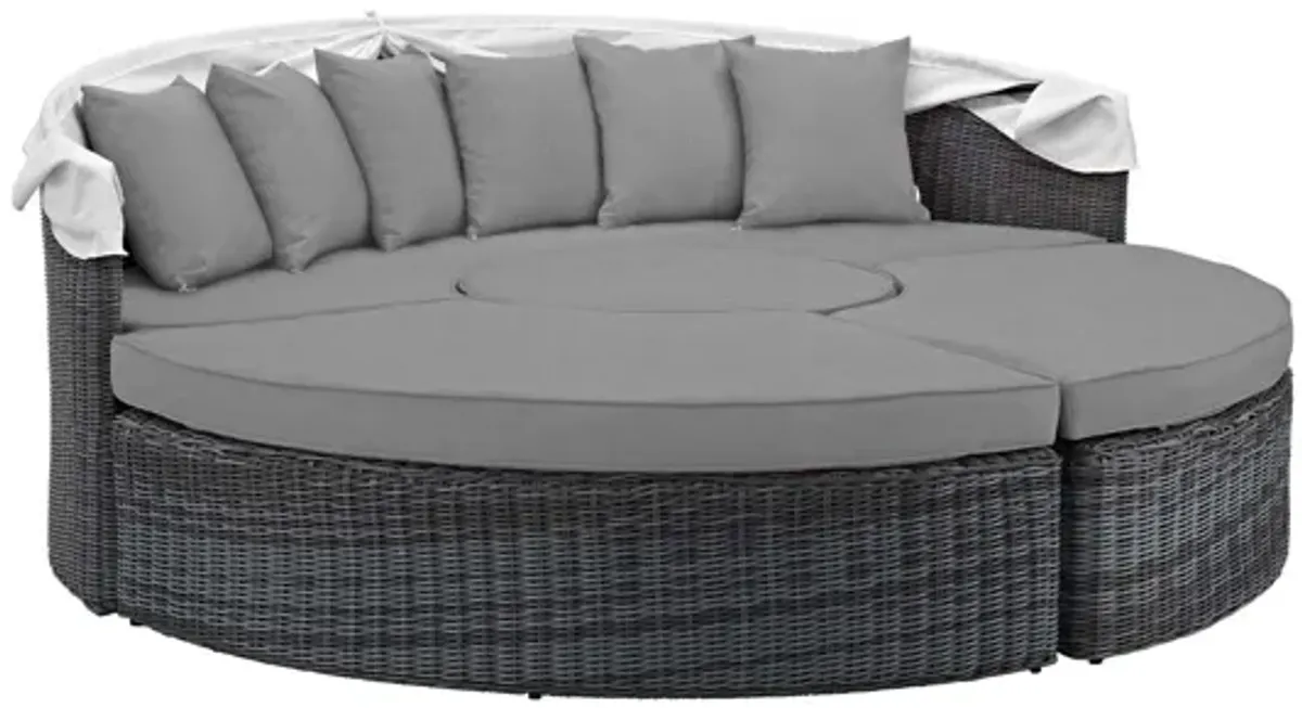 Summon Canopy Outdoor Patio Wicker Rattan Sunbrella Daybed in Grey