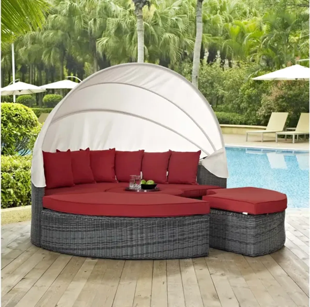 Summon Canopy Outdoor Patio Wicker Rattan Sunbrella Daybed in Red