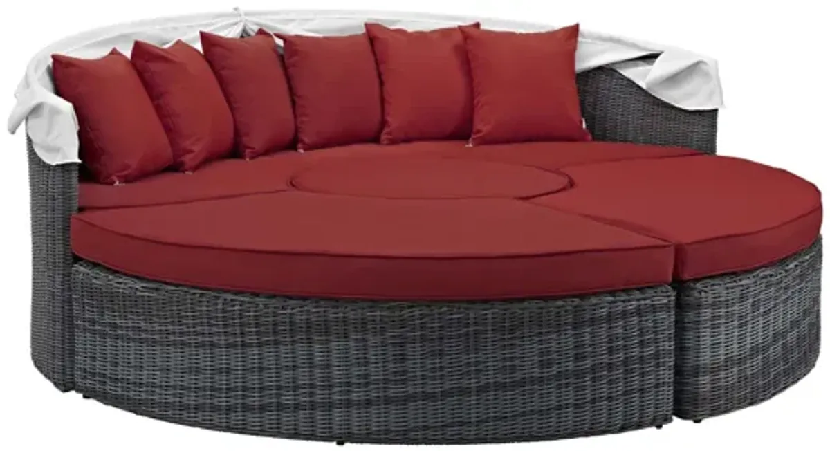 Summon Canopy Outdoor Patio Wicker Rattan Sunbrella Daybed in Red