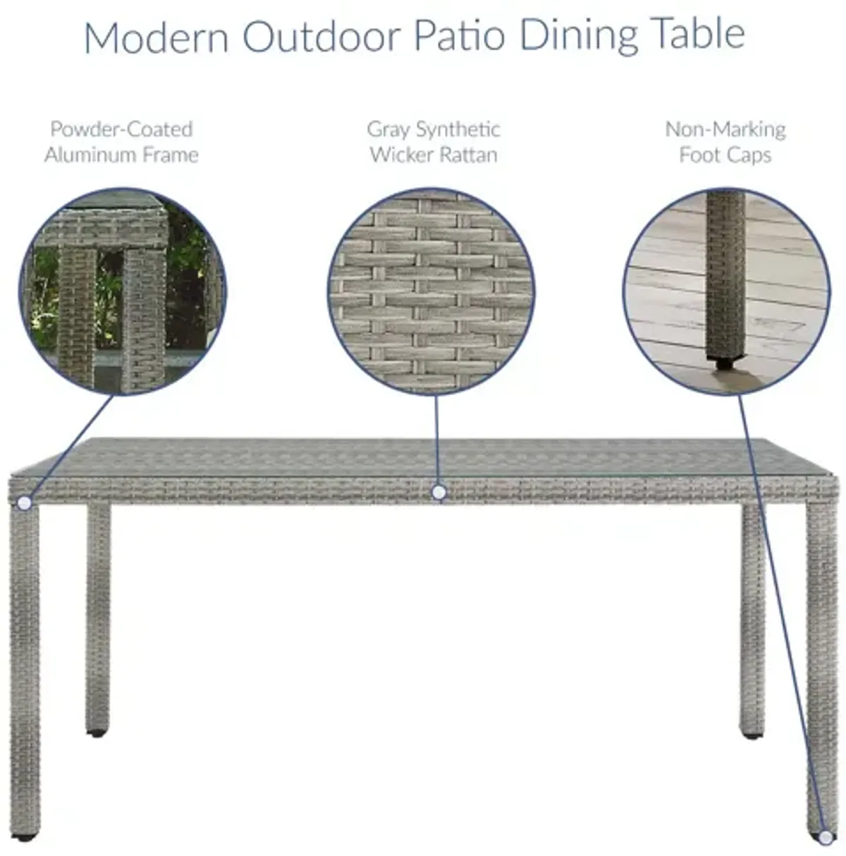 Aura 68" Outdoor Patio Wicker Rattan Dining Table in Gray