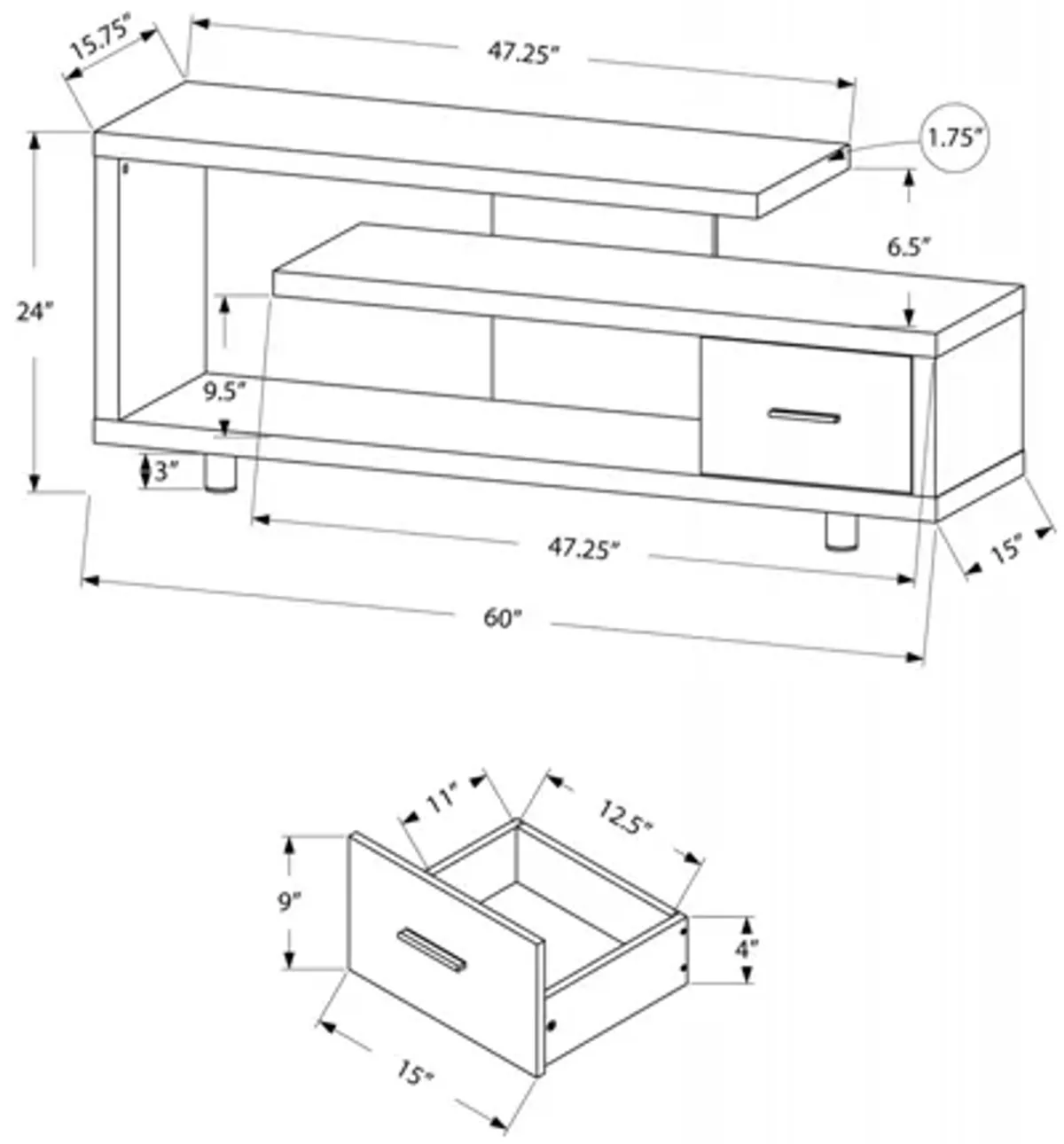 Black & Grey 1-Drawer TV Stand