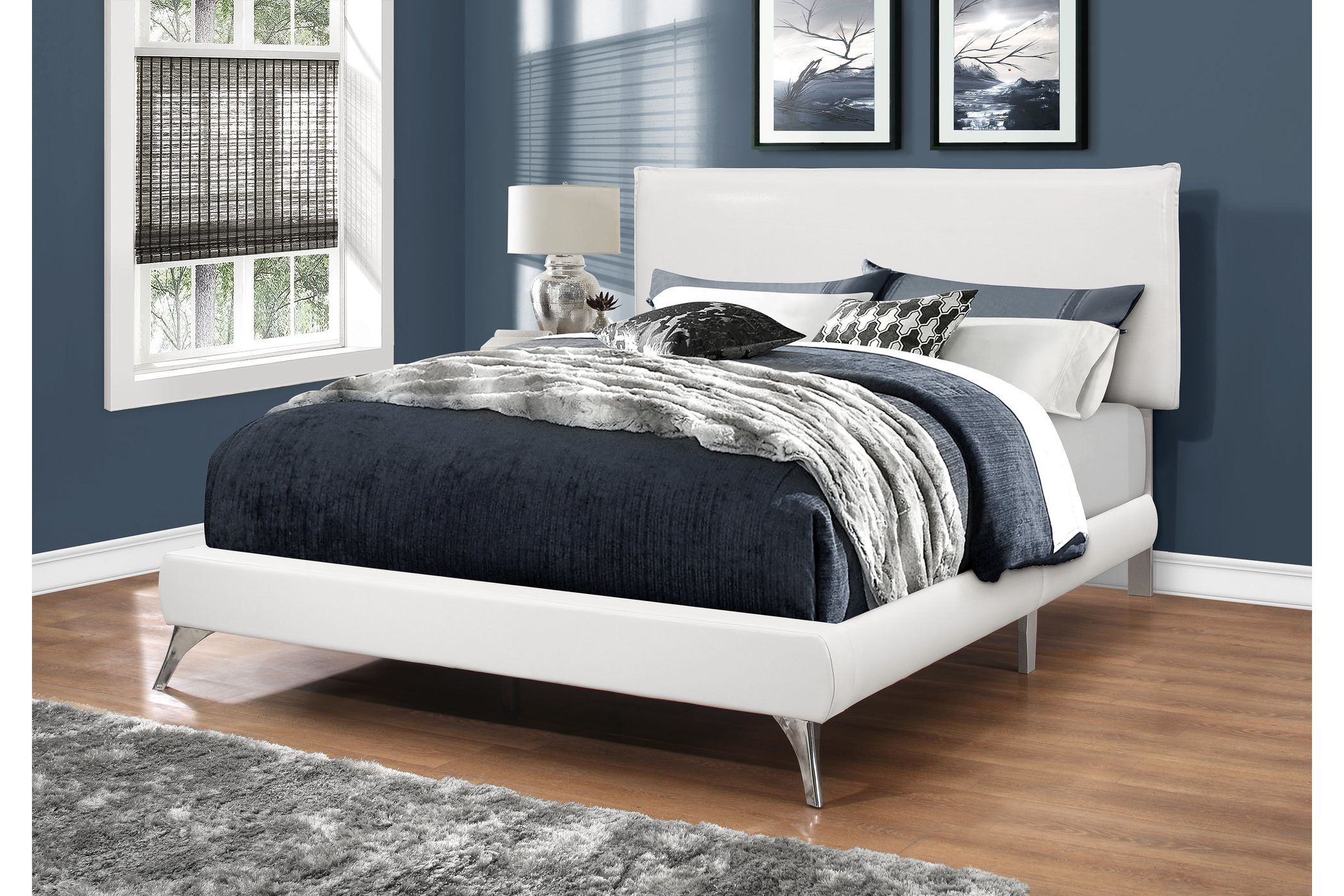 White Faux Leather Queen Bed with Chrome Legs