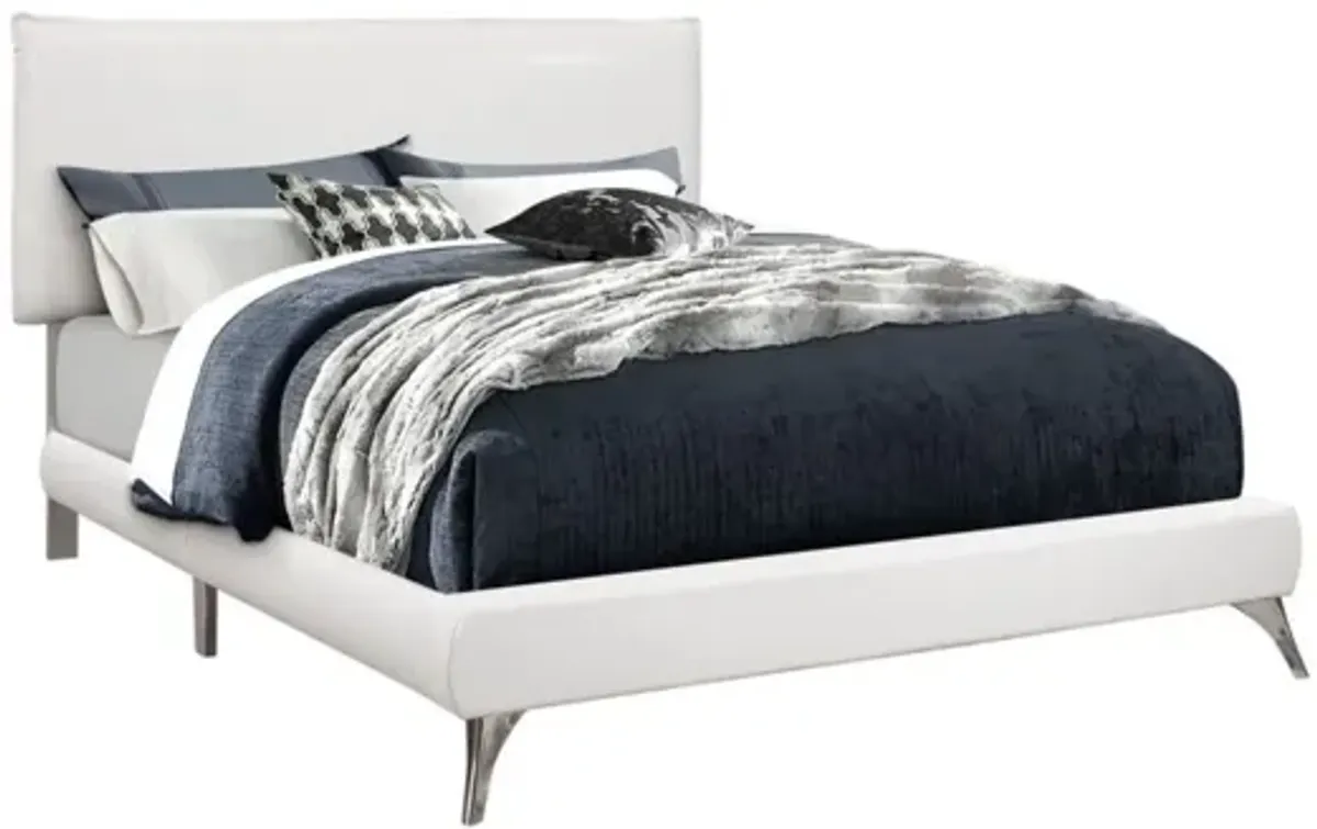 White Faux Leather Queen Bed with Chrome Legs