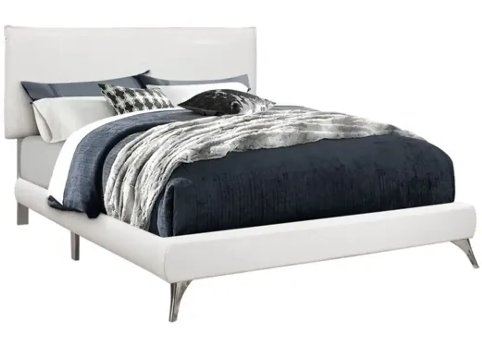 White Faux Leather Queen Bed with Chrome Legs