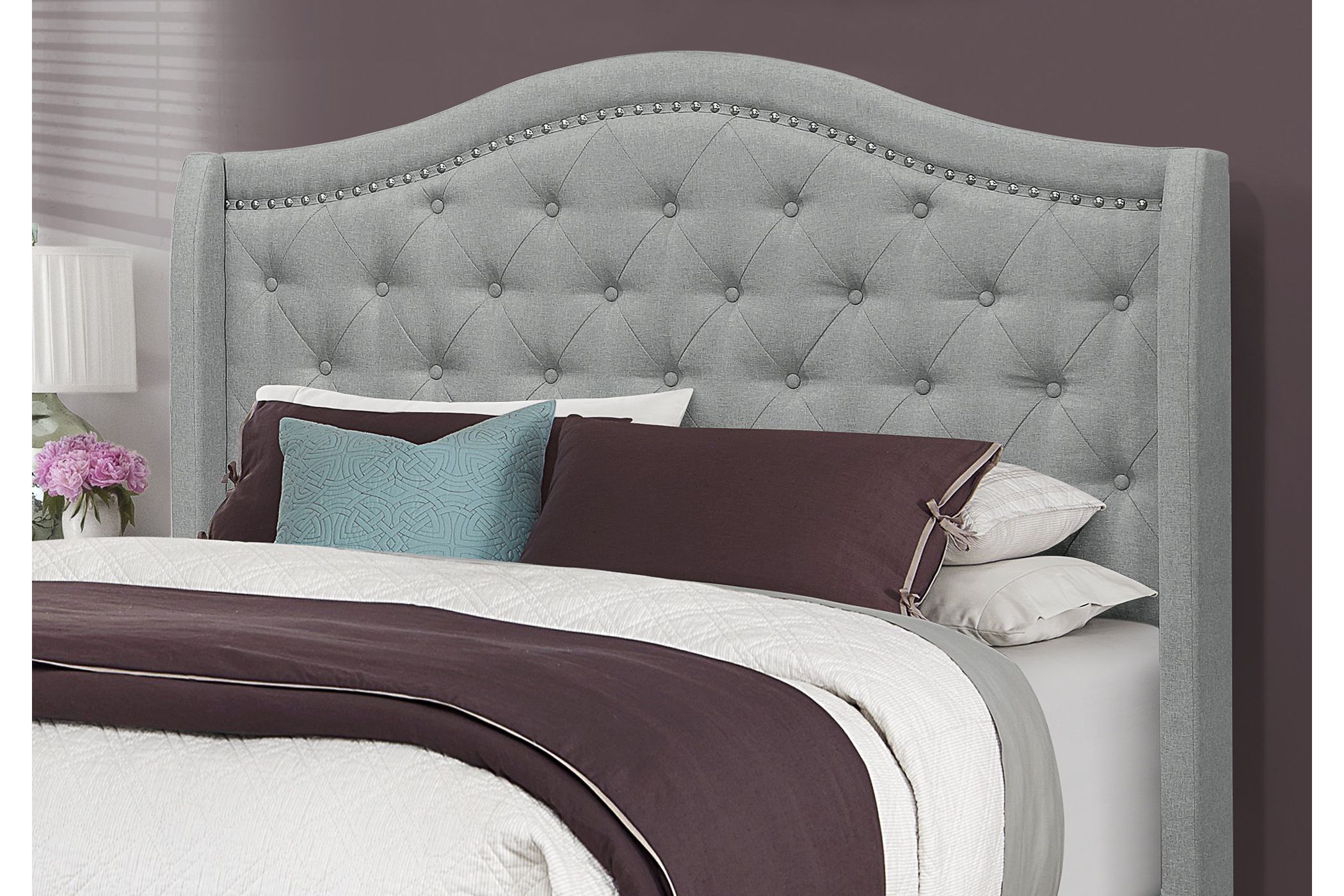 BED QUEEN SIZE / GREY LINEN WITH CHROME TRIM