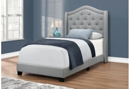Grey Upholstered Twin  Bed with Nailhead