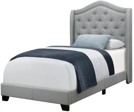 Grey Upholstered Twin  Bed with Nailhead