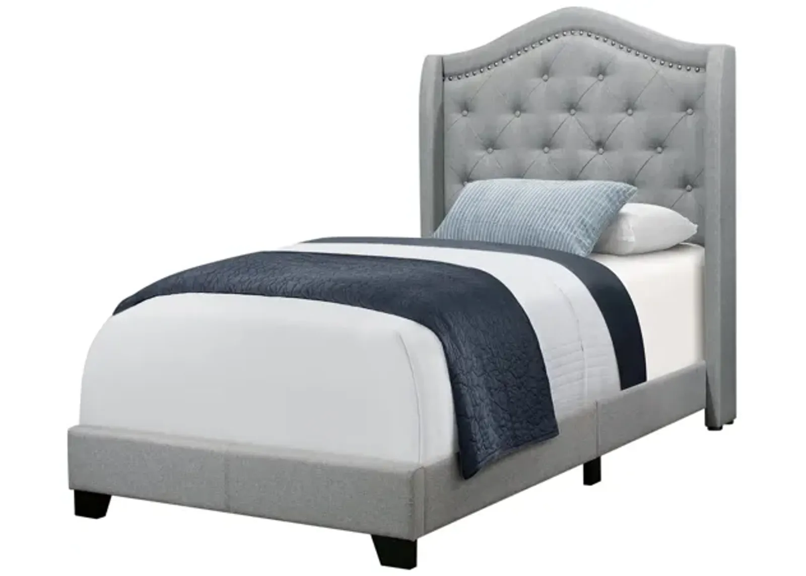 Grey Upholstered Twin  Bed with Nailhead