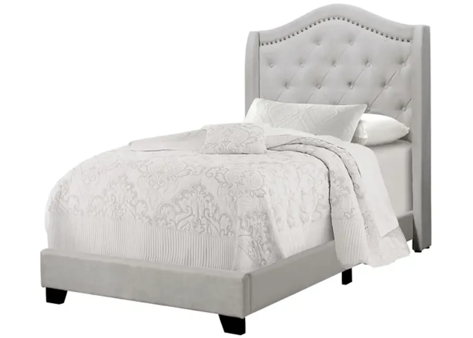 Light Grey Velvet Upholstered Twin Bed with Nailhead