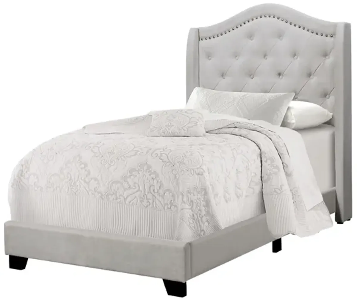 Light Grey Velvet Upholstered Twin Bed with Nailhead