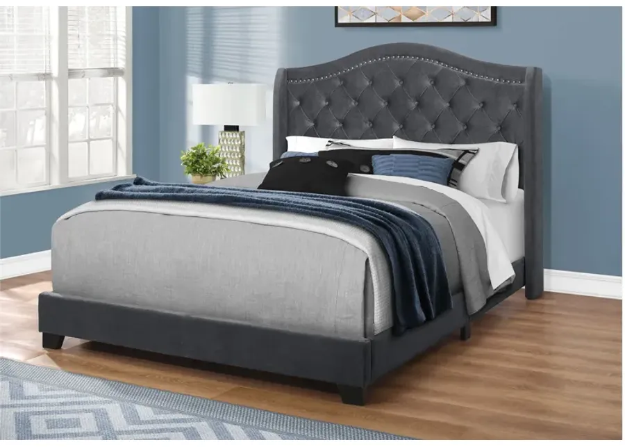 Bed - Queen Size / Dark Grey Velvet With Chrome Trim