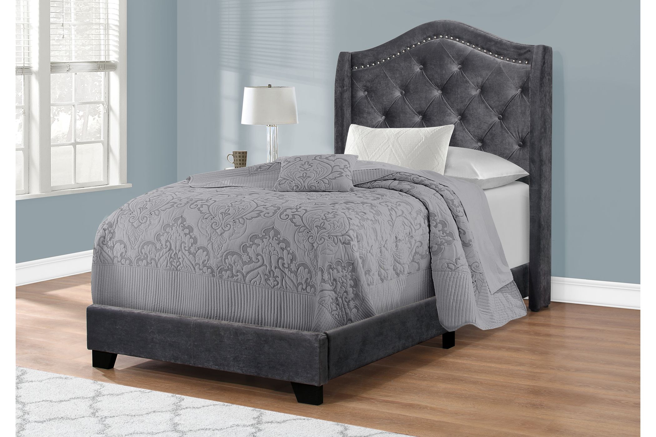 Dark Grey Velvet Upholstered Twin Bed with Nailhead