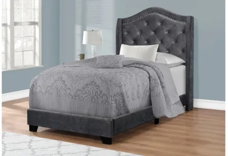 Dark Grey Velvet Upholstered Twin Bed with Nailhead