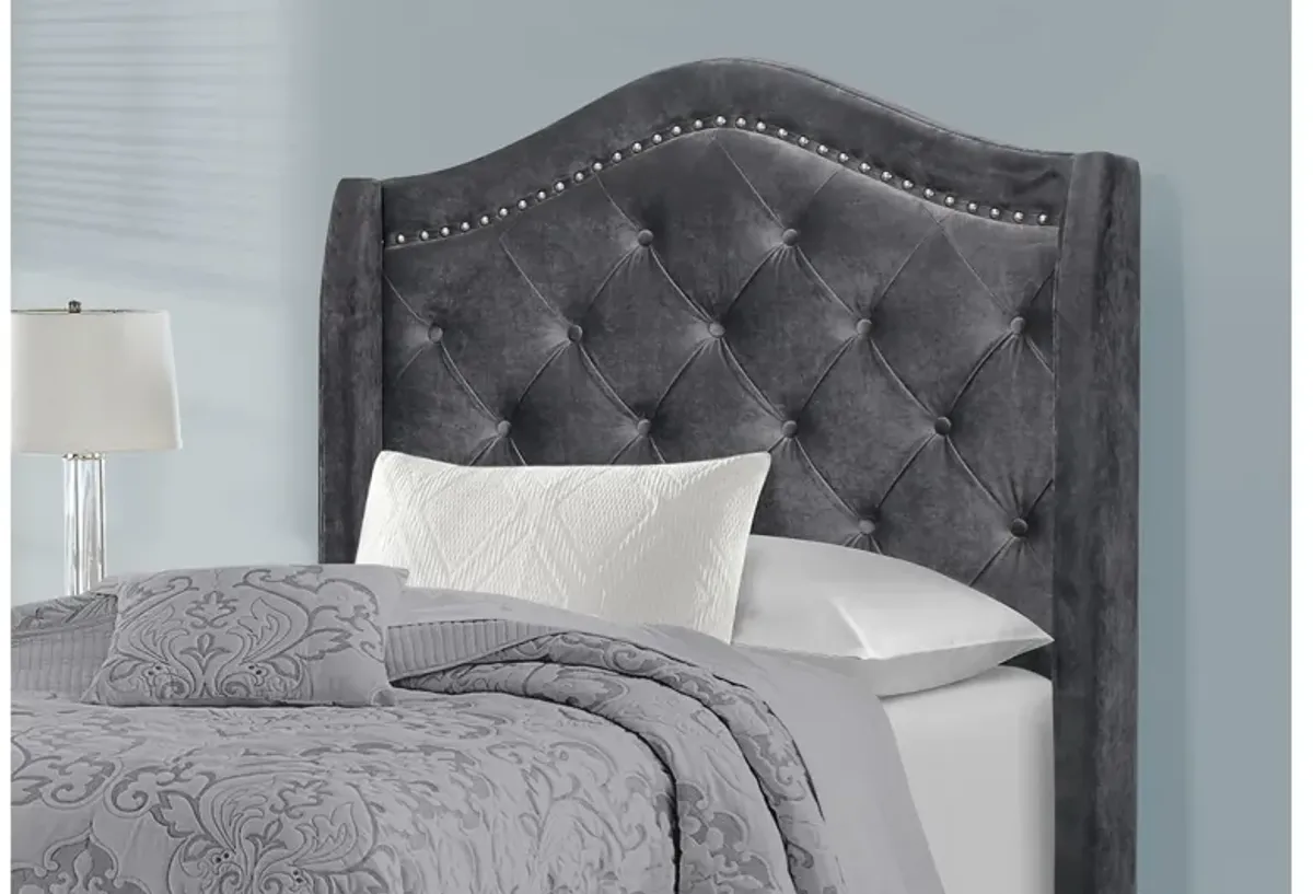 Dark Grey Velvet Upholstered Twin Bed with Nailhead