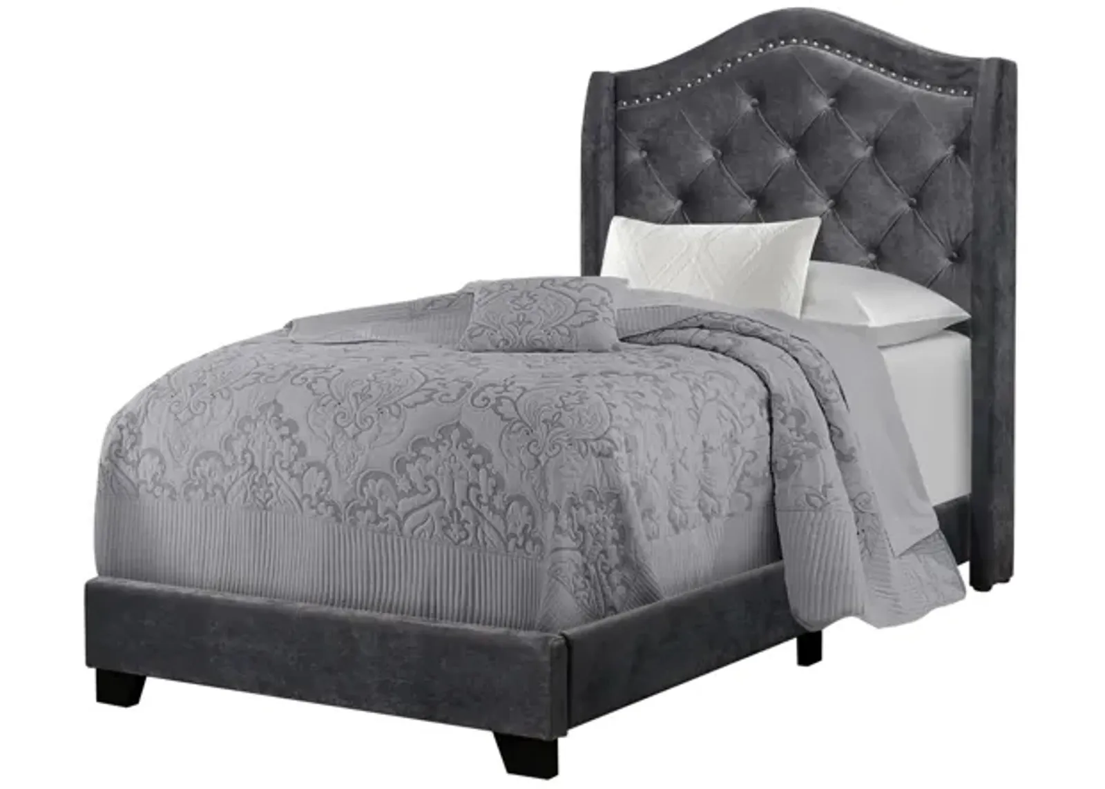 Dark Grey Velvet Upholstered Twin Bed with Nailhead