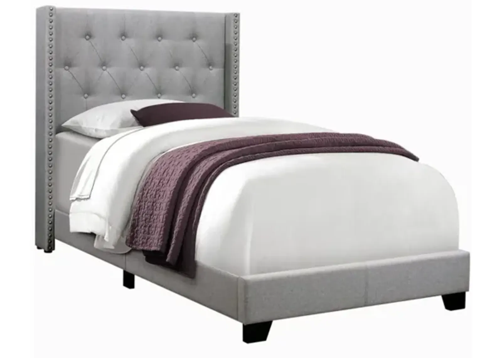 Grey Linen Twin Bed with Tufting & Nailhead