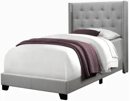 Grey Linen Twin Bed with Tufting & Nailhead