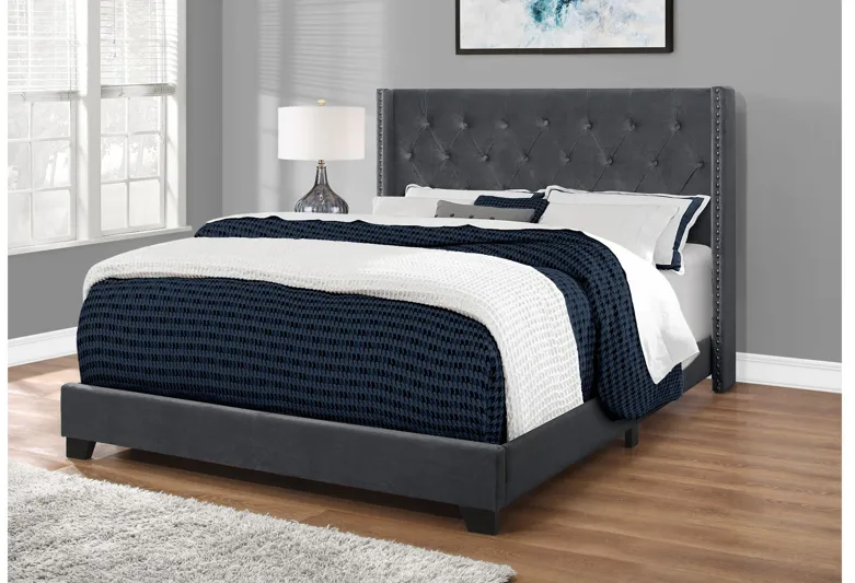 Bed - Queen Size / Dark Grey Velvet With Chrome Trim