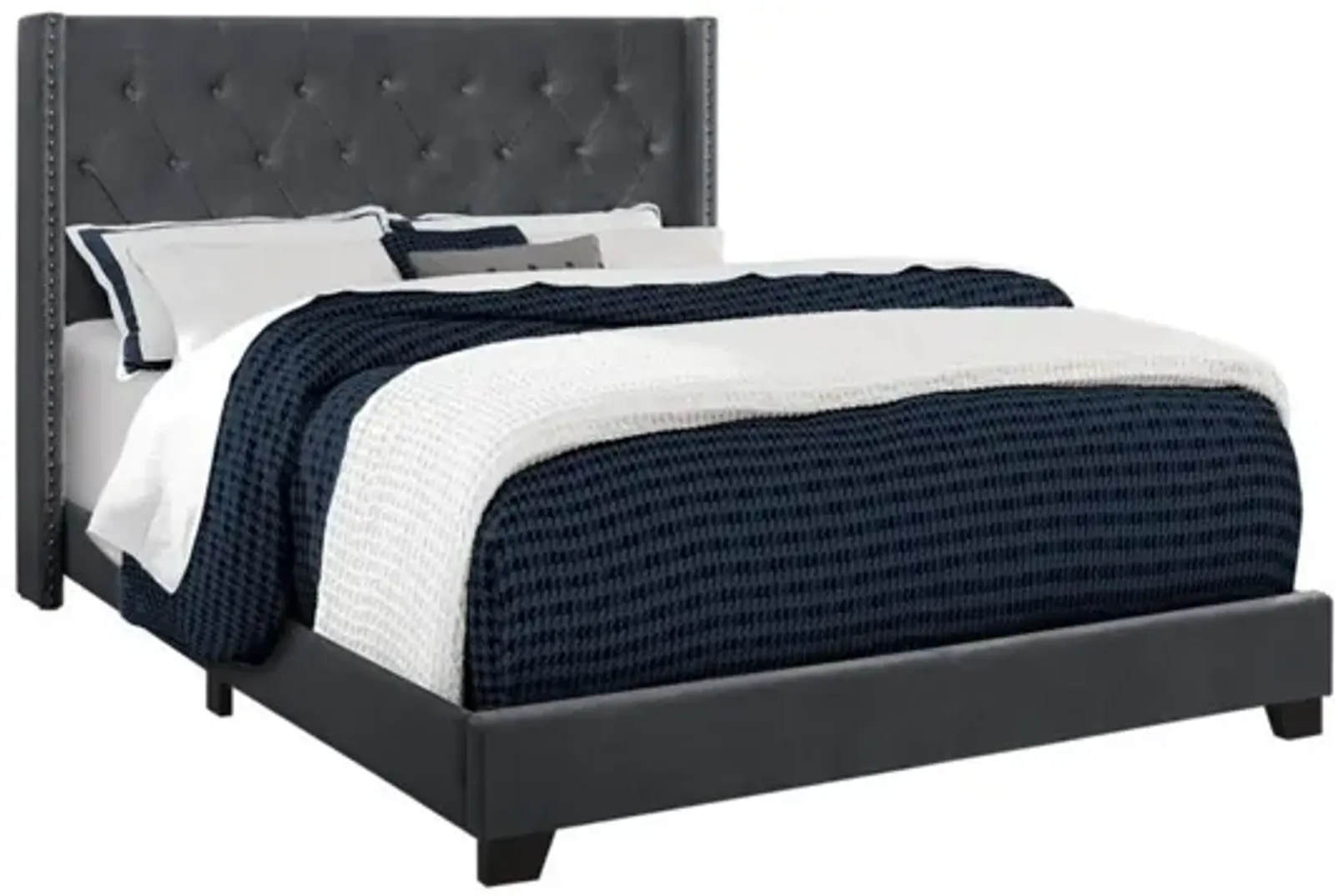 Bed - Queen Size / Dark Grey Velvet With Chrome Trim